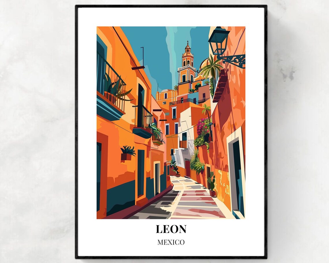 Leon Guanajuato Colonial Cobblestone Street Mexico Travel Poster