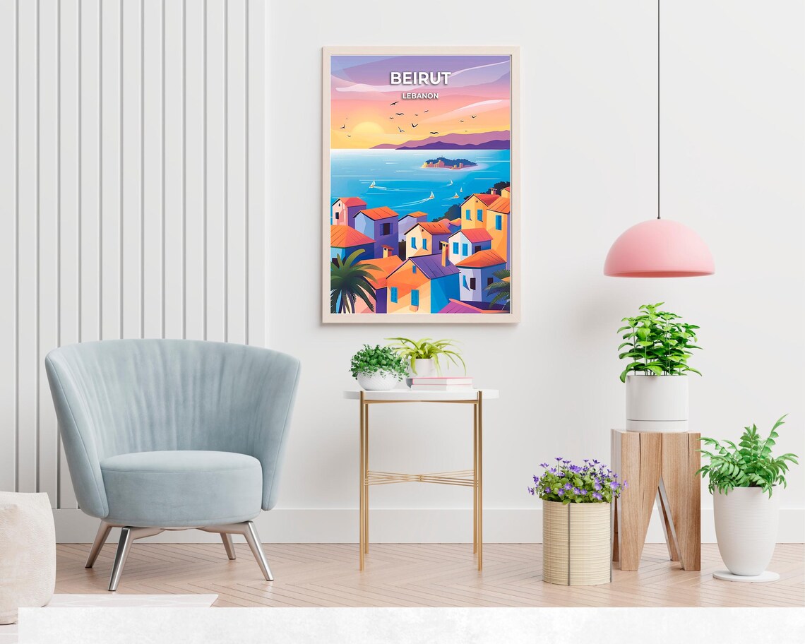 Beirut Lebanon Sunset Bay Sailboats and Colorful Houses Poster - Image 2