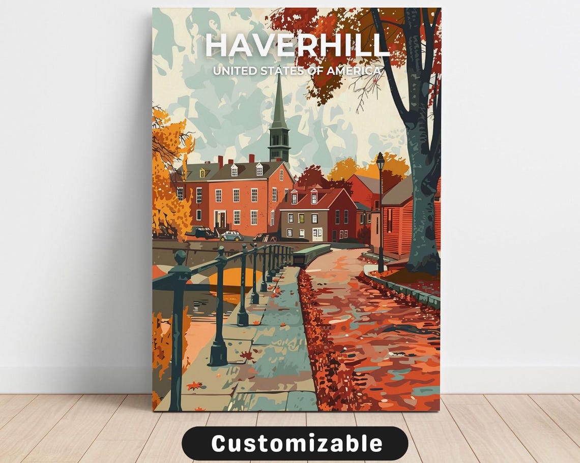 Haverhill Autumn Riverwalk Brick Church Customizable Travel Poster