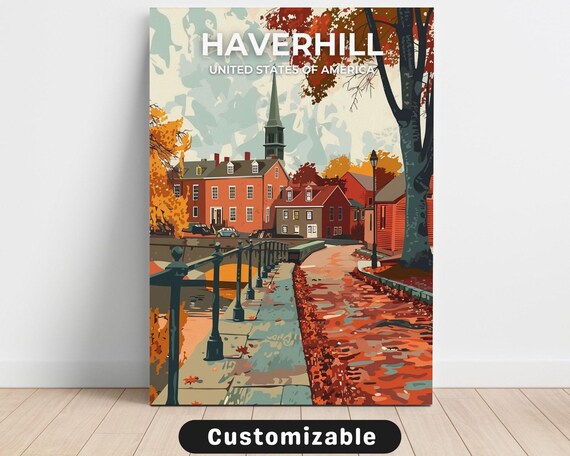 Haverhill Autumn Riverwalk Brick Church Customizable Travel Poster