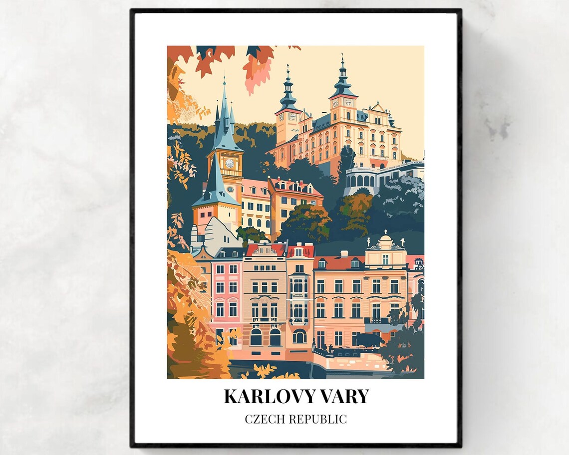 Karlovy Vary Czech Republic Autumn Old Town Panorama Travel Poster
