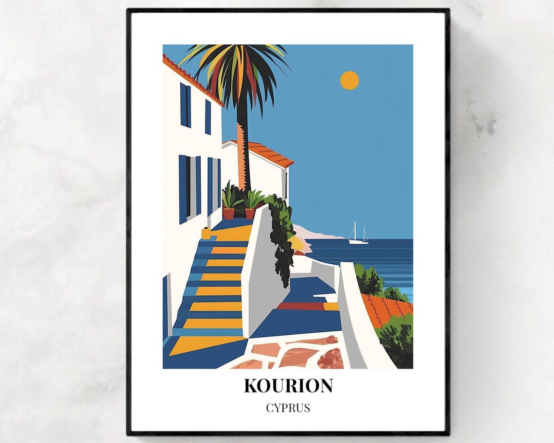 Kourion Cyprus Whitewashed Steps Poster with Palm Tree and Sea