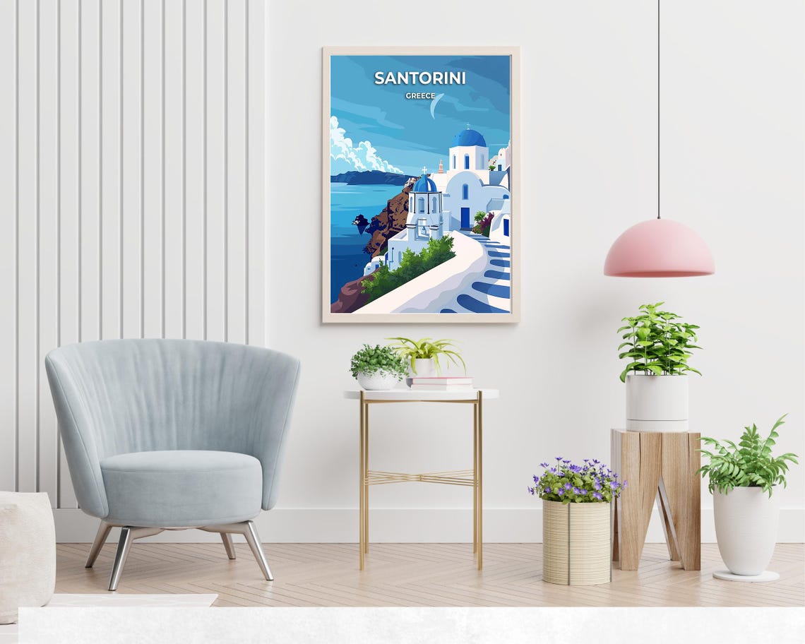 Santorini Greece Blue Domes White Church Caldera Retro Travel Poster - Image 2