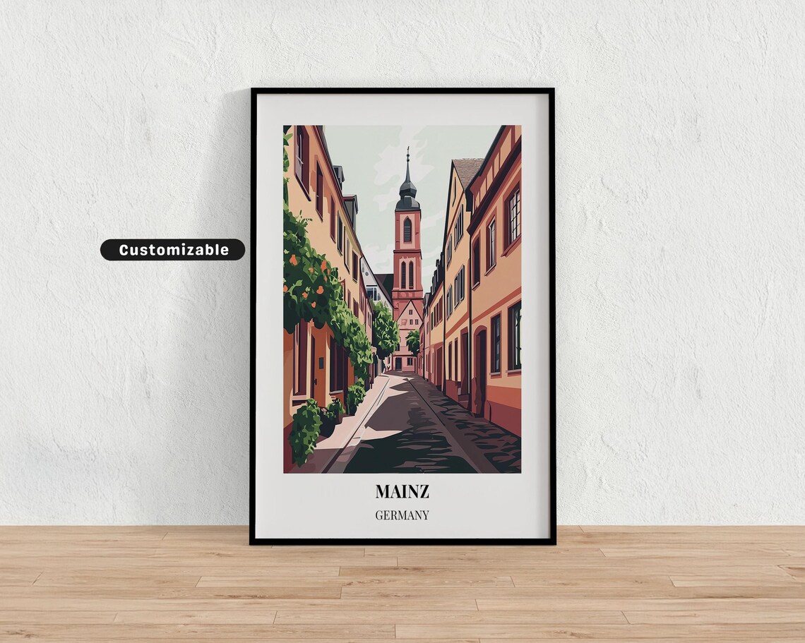 Mainz Germany Charming Church Spire Old Street Travel Poster Art