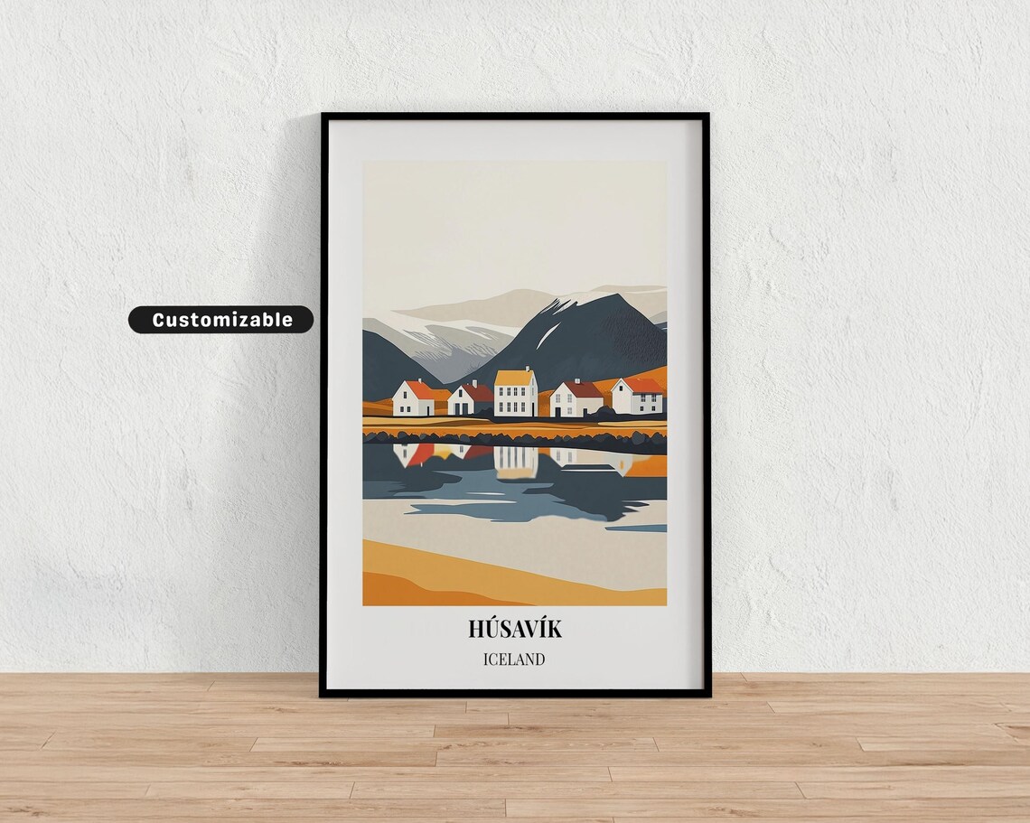 Husavik Iceland Waterfront Village Reflection Vintage Travel Poster