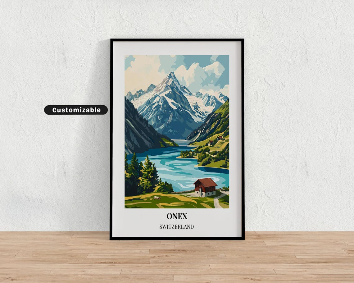 Onex Switzerland Alpine Lake Chalet Mountain Vista Travel Poster
