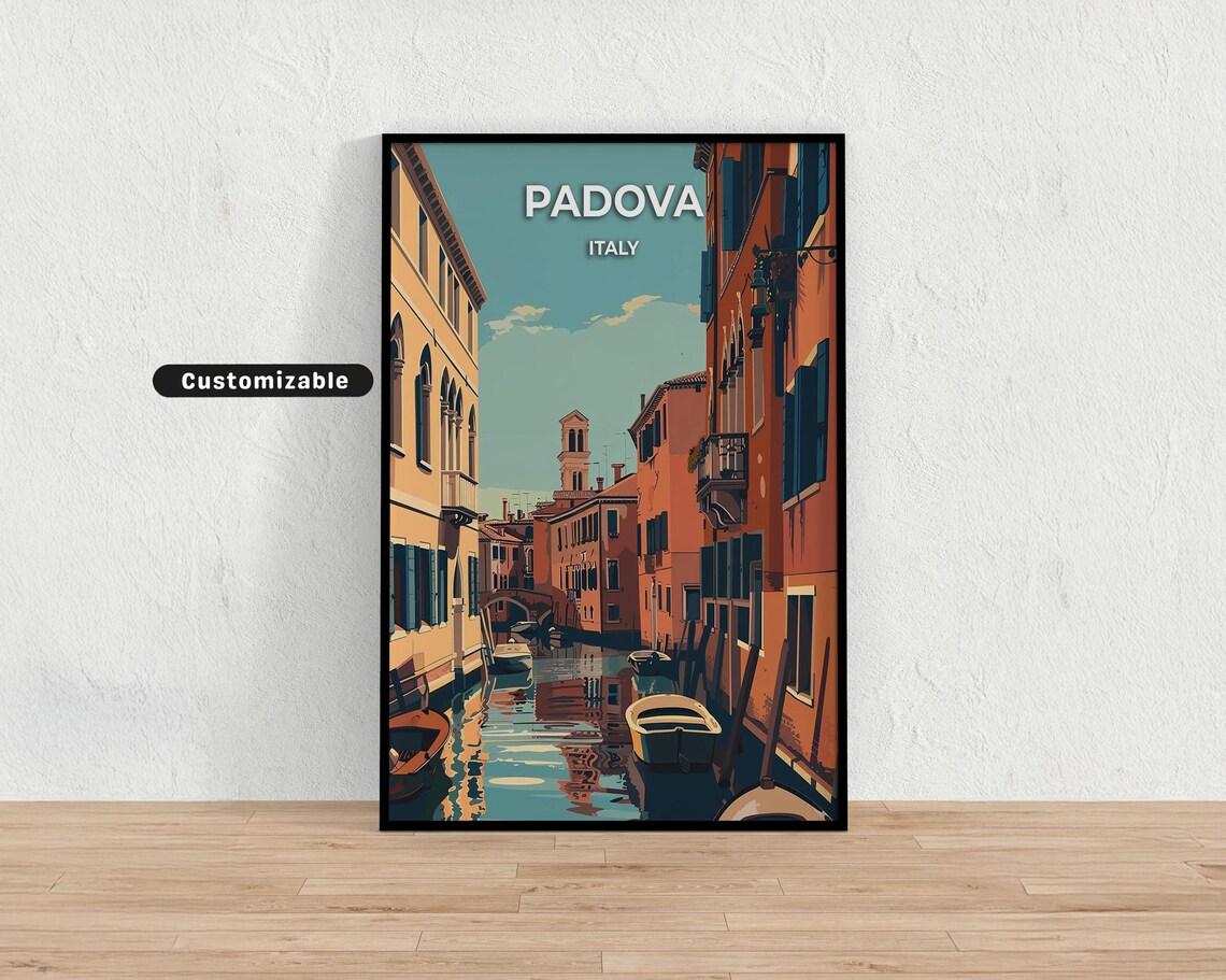 Padova Italy Travel Poster Canal Boats Old Town Vintage Europe Art