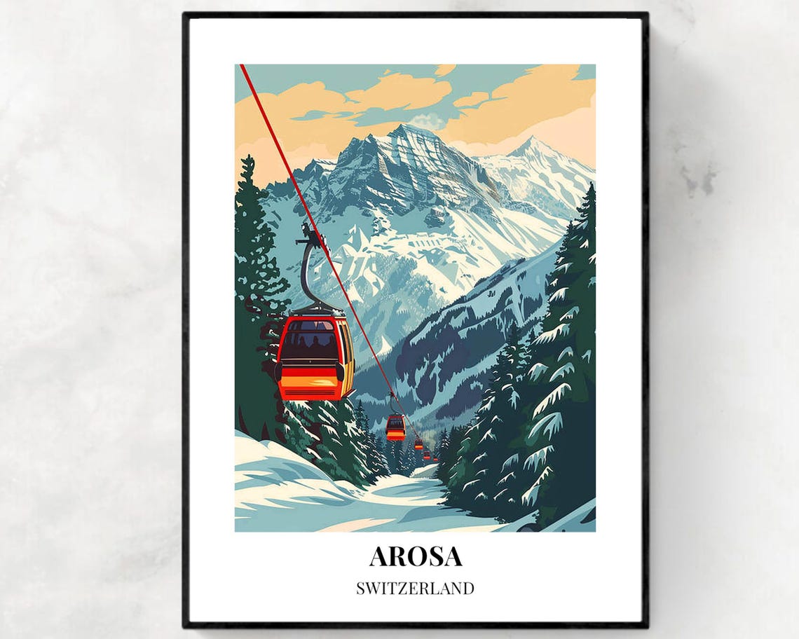 Arosa Switzerland Red Gondolas Gliding Through Snowy Mountain Poster