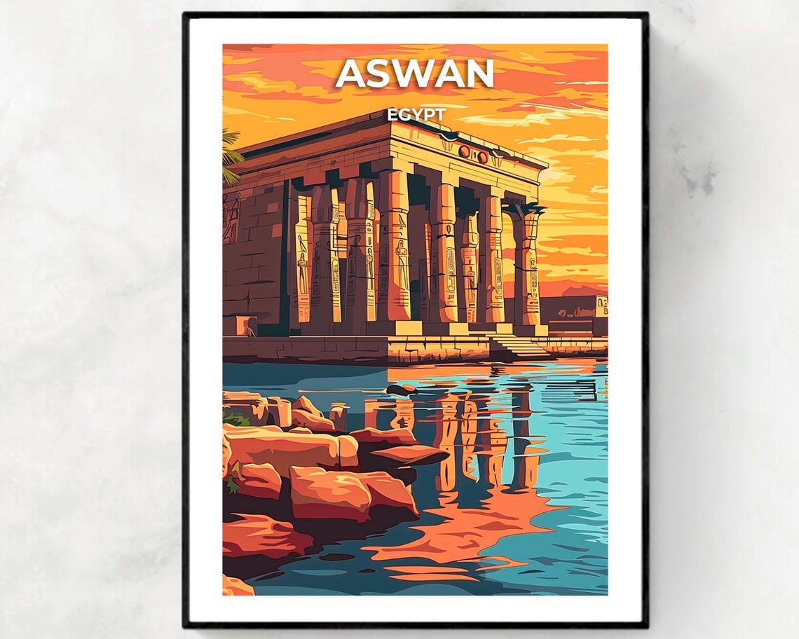 Aswan Egypt Philae Temple Sunset Orange Sky Reflection Travel Poster
