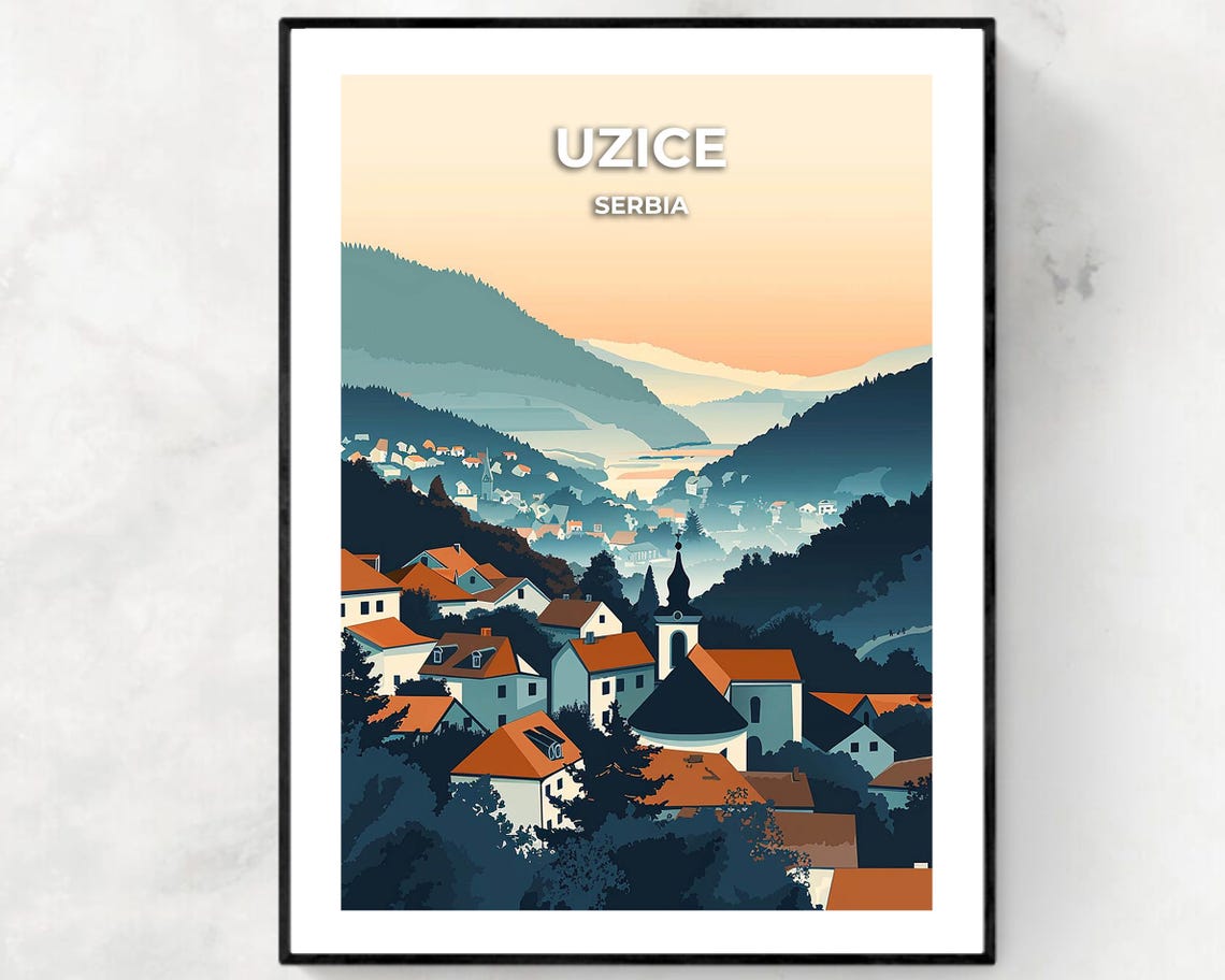 Uzice Serbia Old Town Rooftops Hillside Valley At Dusk Poster