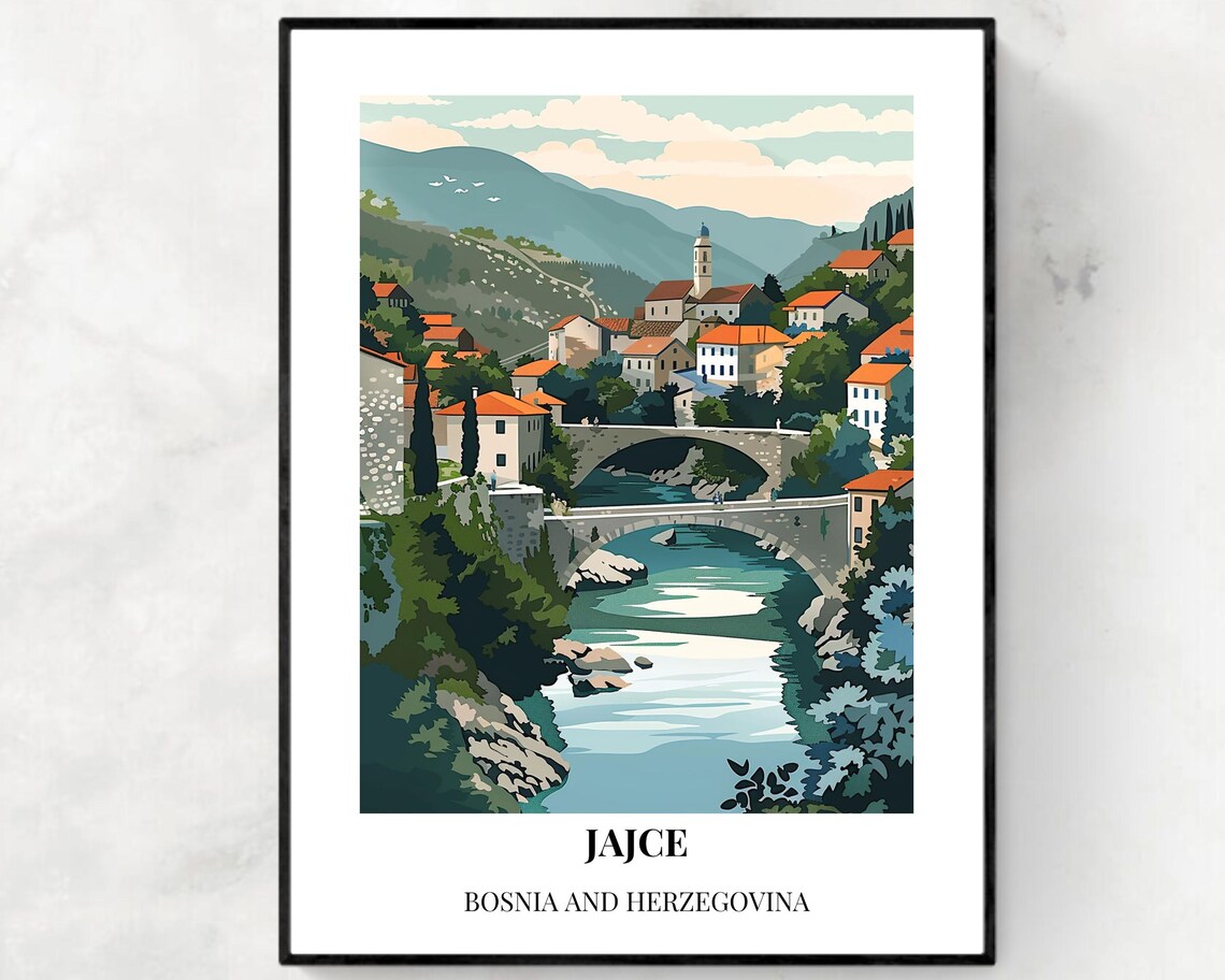 Jajce Bosnia Stone Bridge River Old Town Scene Travel Poster