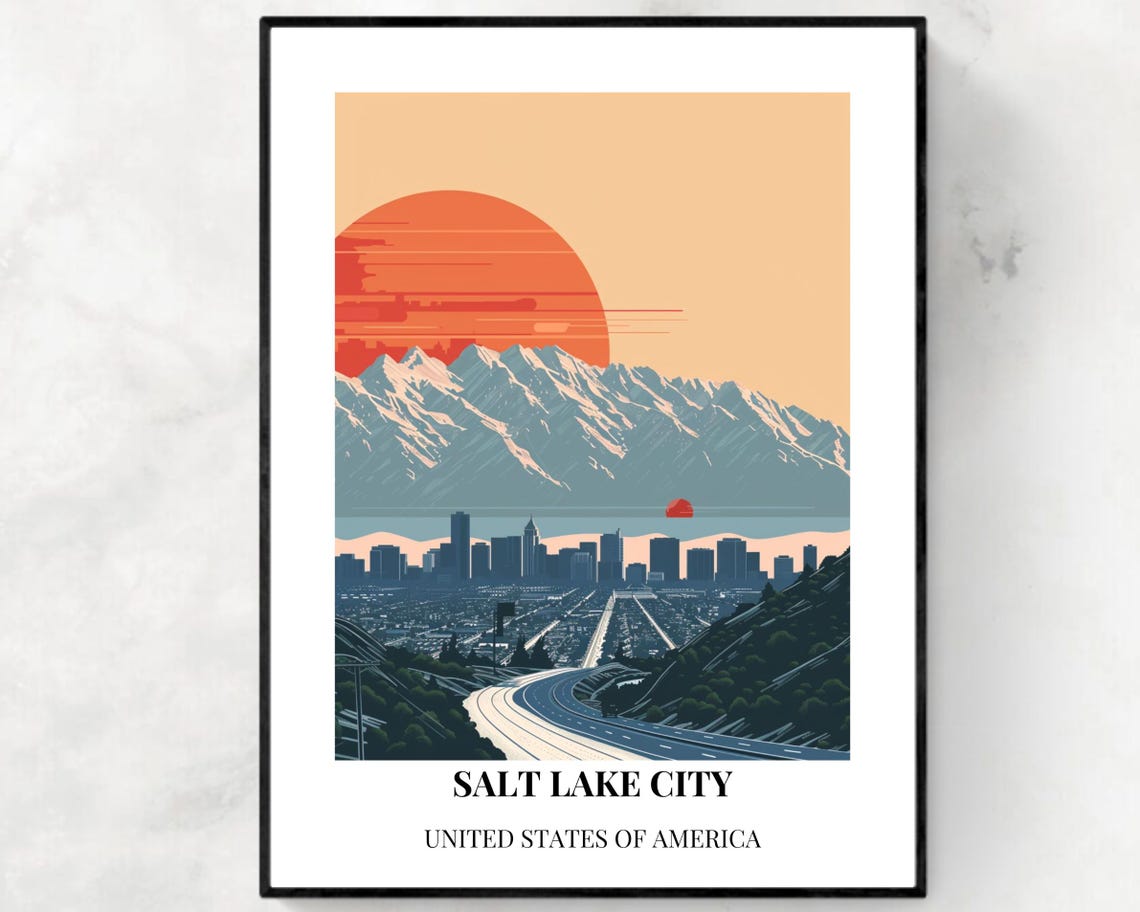 Salt Lake City Utah Mountain Sunset Skyline Road Bottom Title Poster