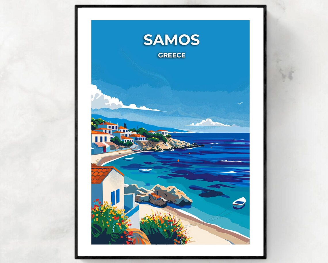 Samos Greece Coastal White Village Beach Aegean Travel Art Poster