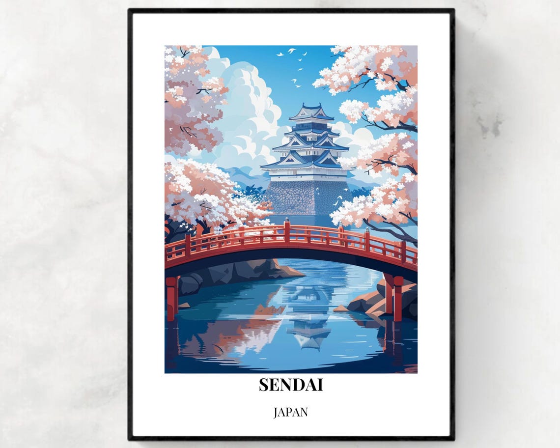 Sendai Japan Aoba Castle Moat Reflection Cherry Blossom Poster