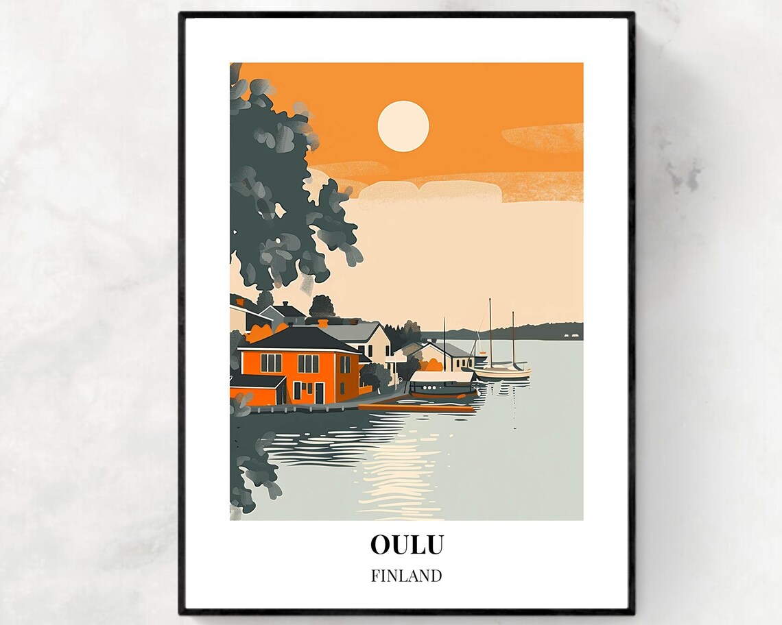Oulu Finland Quiet Waterfront Houses Orange Sunset Reflection Poster