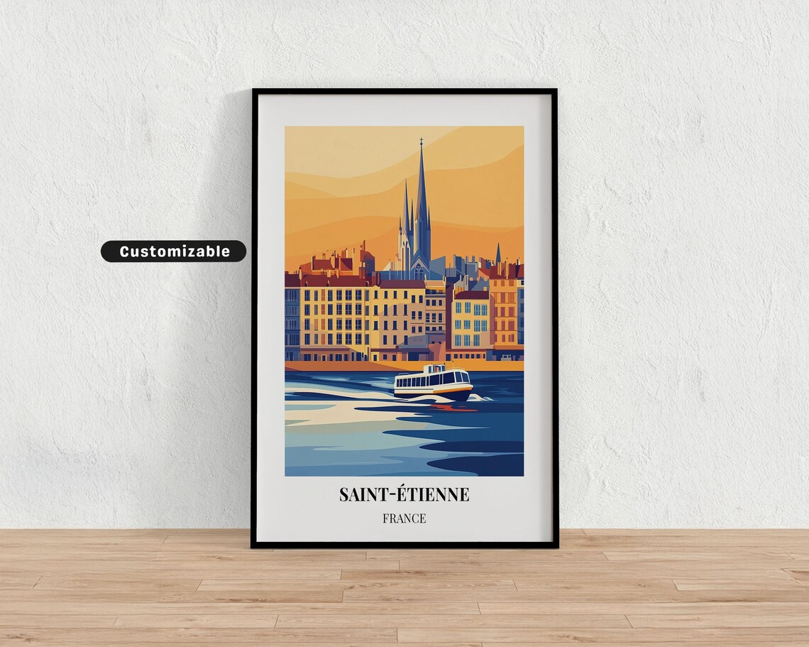 Saint-Etienne France River Boat Sunset Cityscape Travel Poster