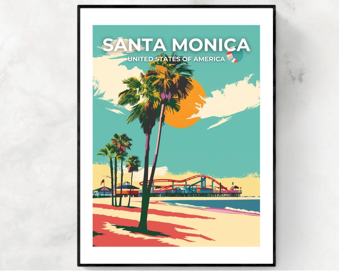 Santa Monica California Pier Roller Coaster Retro Top Title Poster