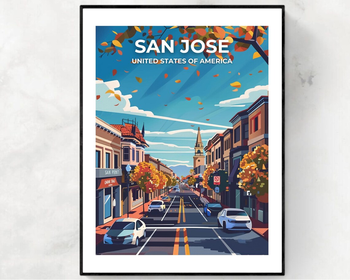 San Jose Autumn Downtown Street Steeple Top Title Travel Poster