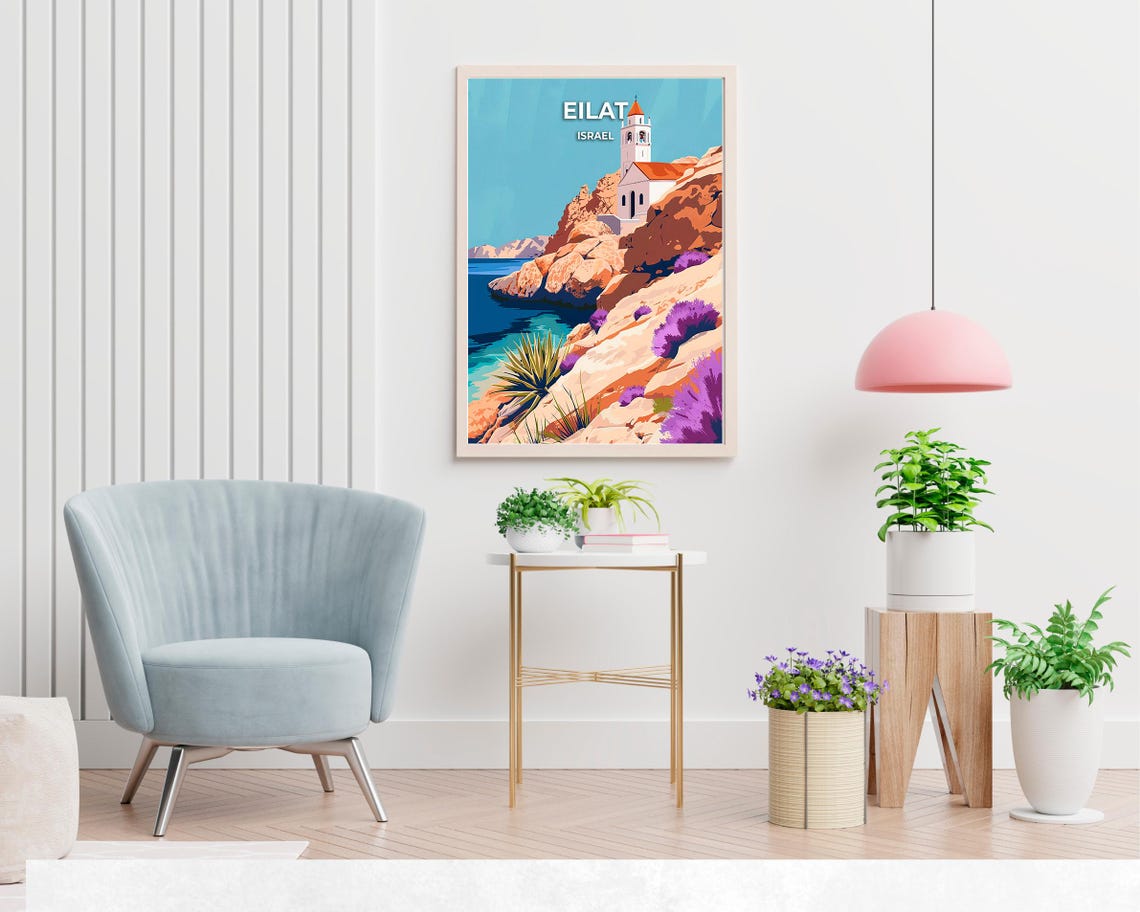 Eilat Israel Cliff Church Bell Tower Among Blooming Hills Poster - Image 2