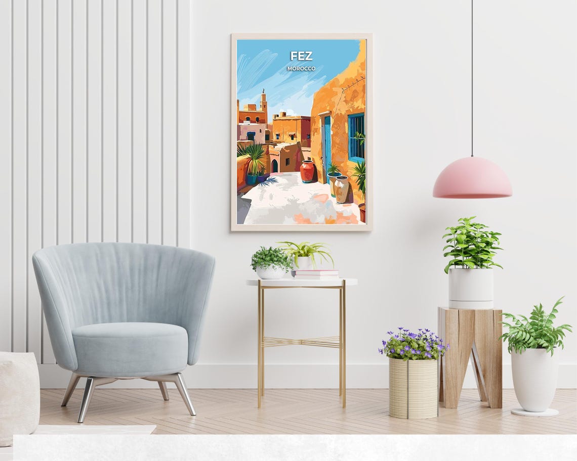 Fez Morocco Sunny Courtyard Alley Pottery Minaret Views Poster - Image 2