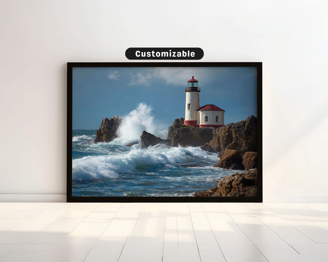 Coastal Lighthouse Rocky Shore Crashing Waves Scenic Art Poster
