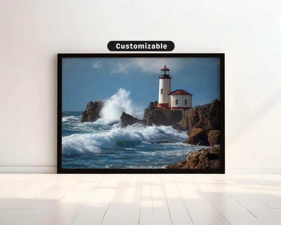 Coastal Lighthouse On Rocky Shore With Crashing Surf Travel Wall Art Print Scenic Landscape Decor