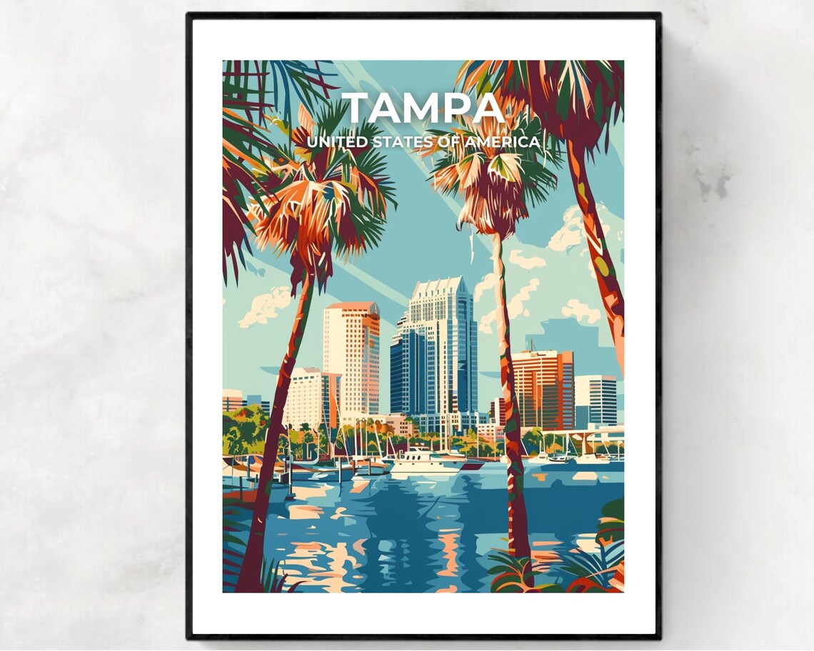 Tampa Florida Downtown Skyline Palm Trees Modern Travel Poster