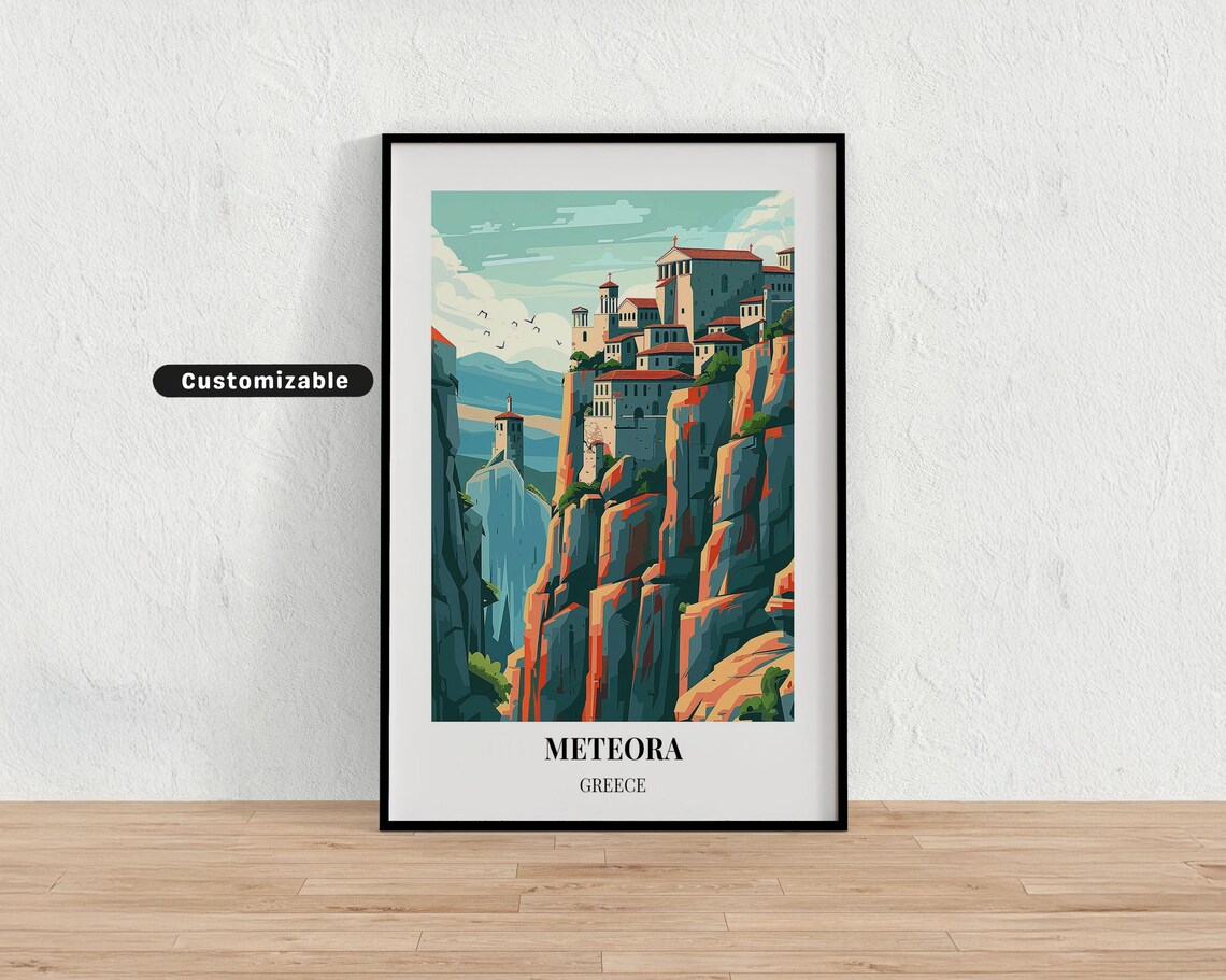 Meteora Greece Monasteries Cliff Top Daytime Landmark Travel Poster