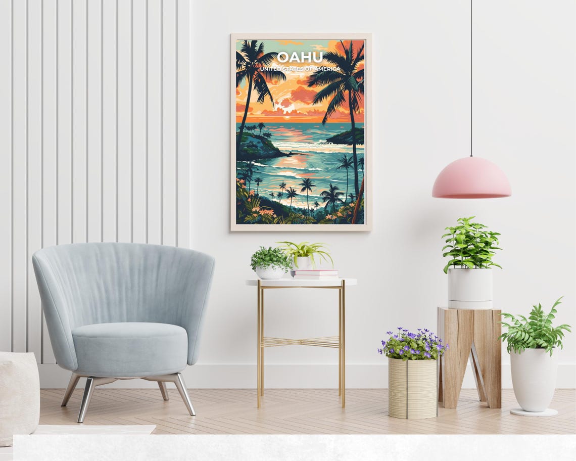 Oahu Sunset Palms Full Bleed Top Text Tropical Travel Poster - Image 2