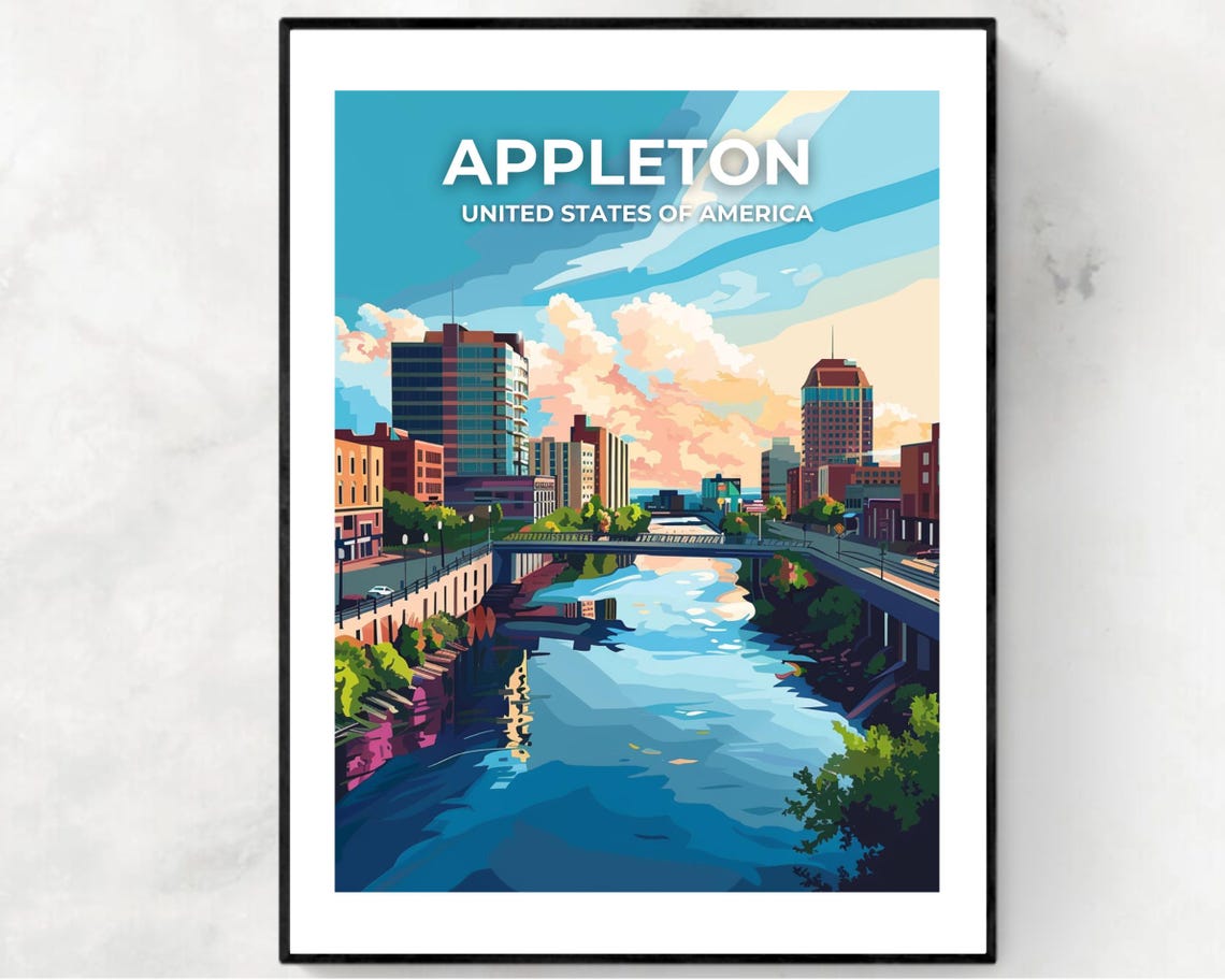 Appleton Wisconsin Riverfront Skyline Overlay Title Travel Poster