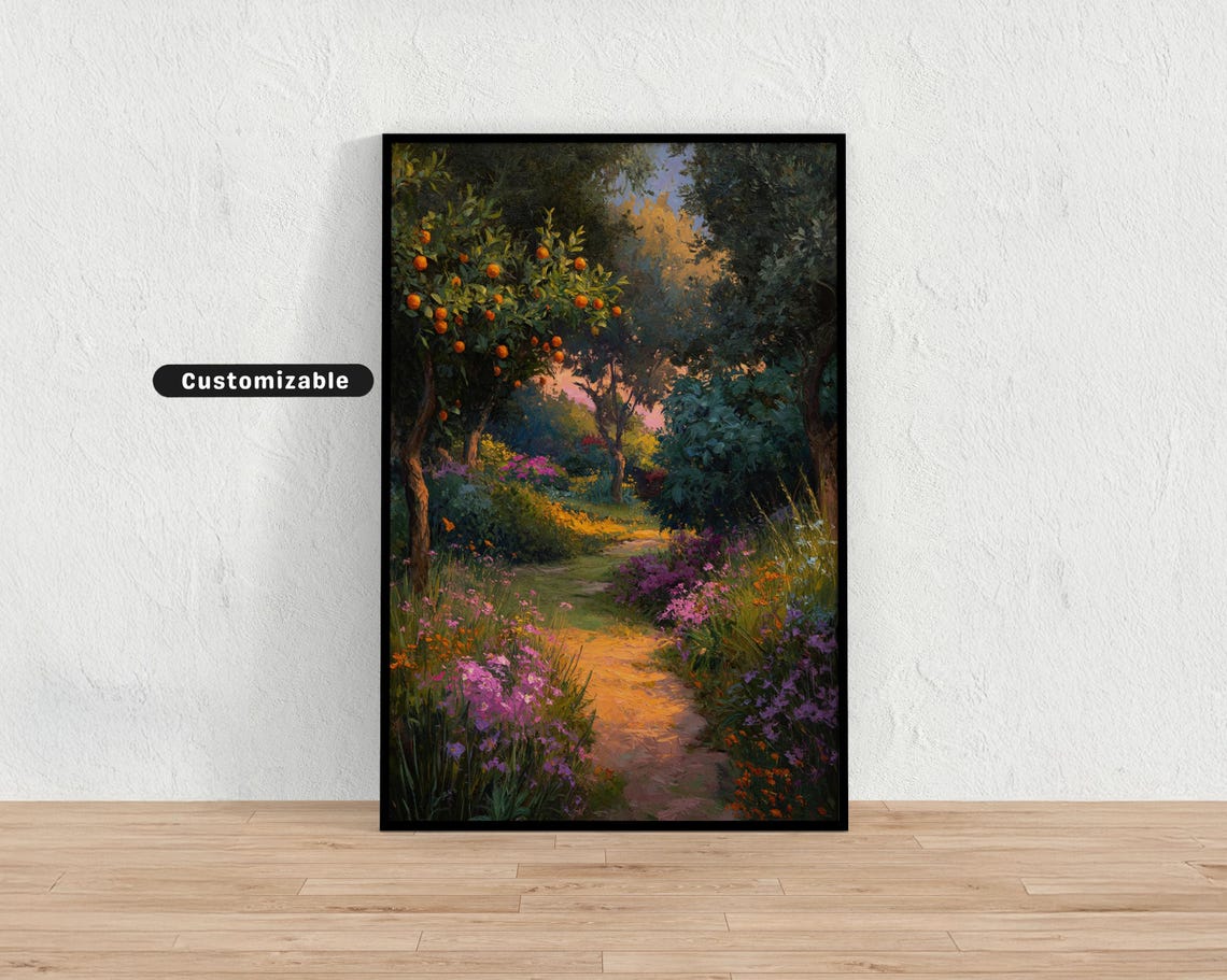 Sunset Garden Path Wildflowers Oil Painting Landscape Wall Art