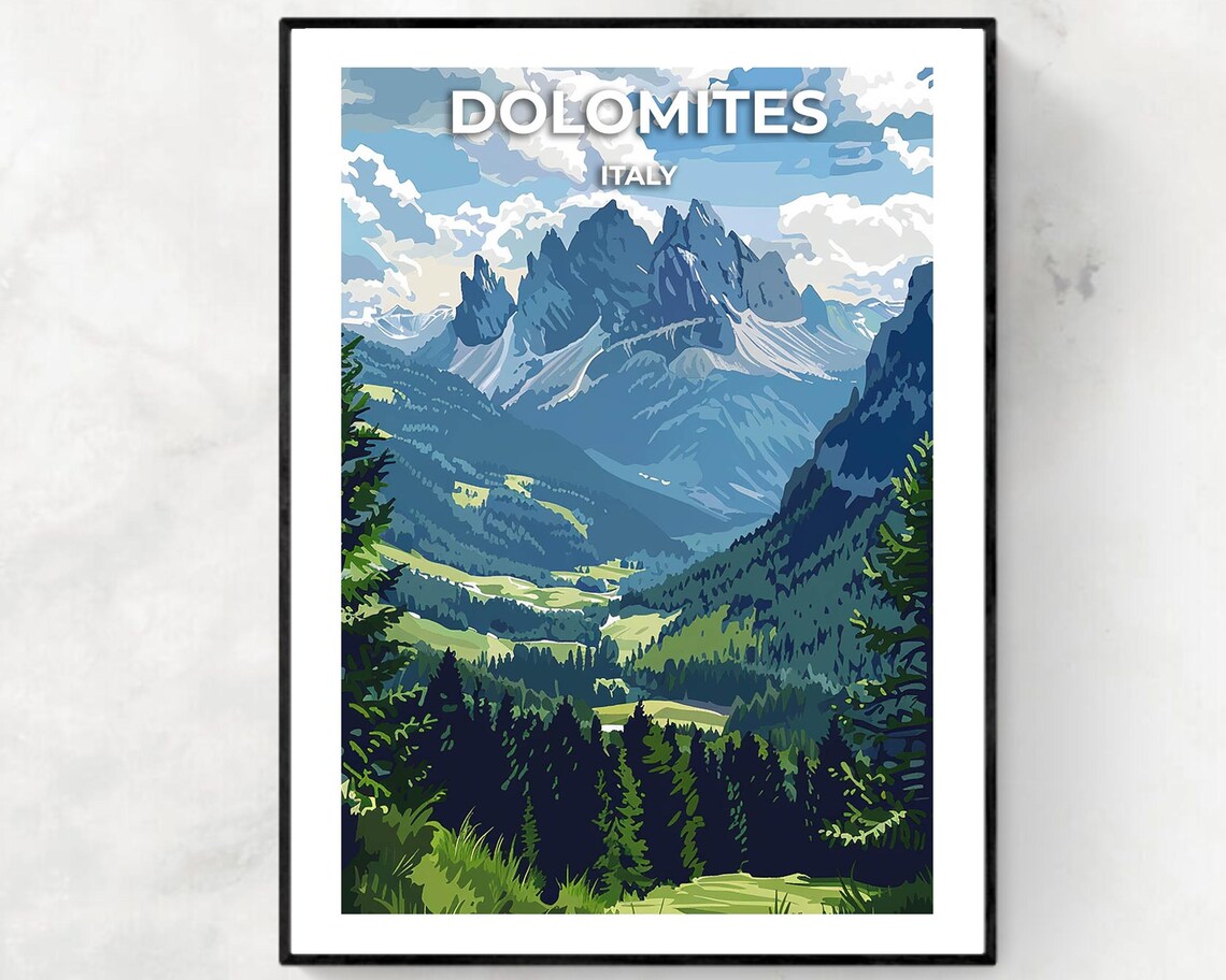 Dolomites Mountain Peaks over Green Alpine Valley Italy Poster