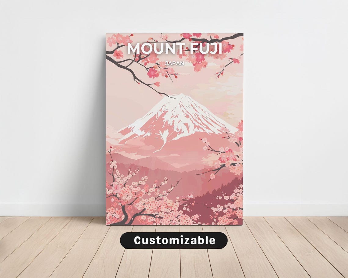 Mount Fuji Japan Cherry Blossom Pink Travel Illustration Poster