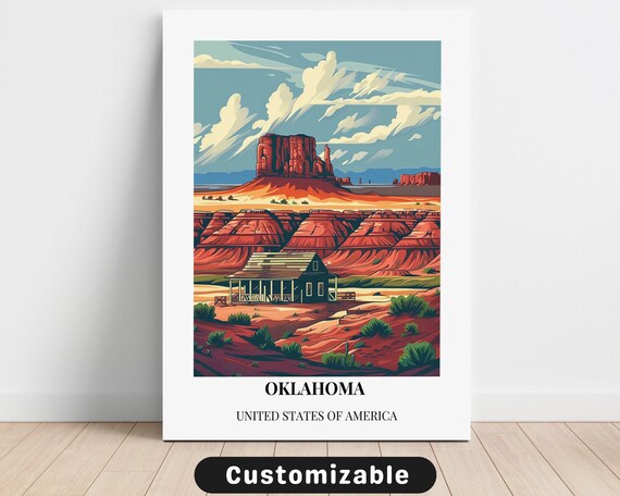 Oklahoma Red Rock Desert Mesa Cabin Vintage Travel Art Poster