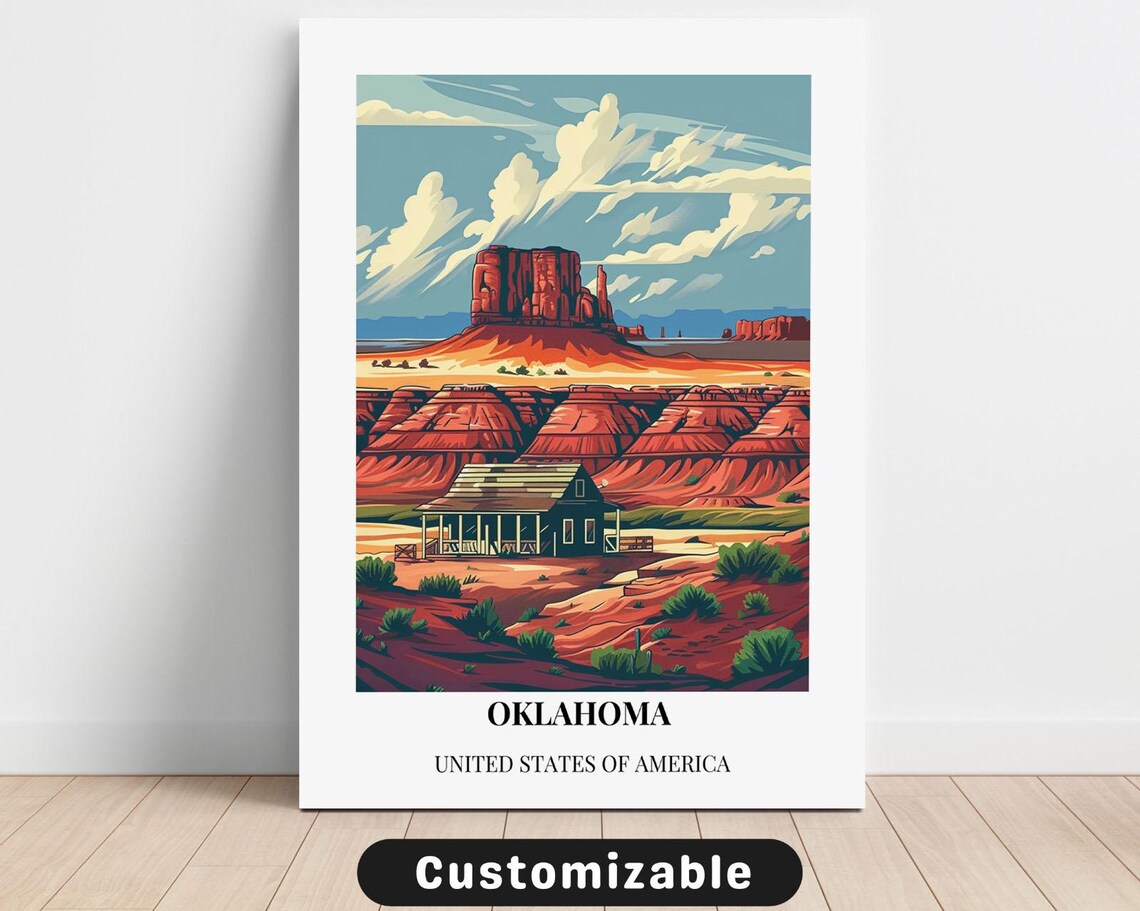 Oklahoma Red Rock Desert Mesa Cabin Vintage Travel Art Poster
