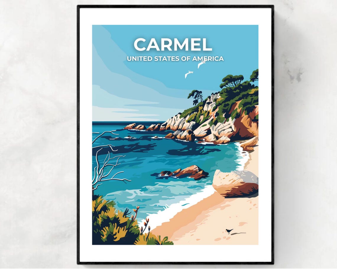 Carmel Cove Beach Scene Full Bleed Top Text Scenic Travel Poster