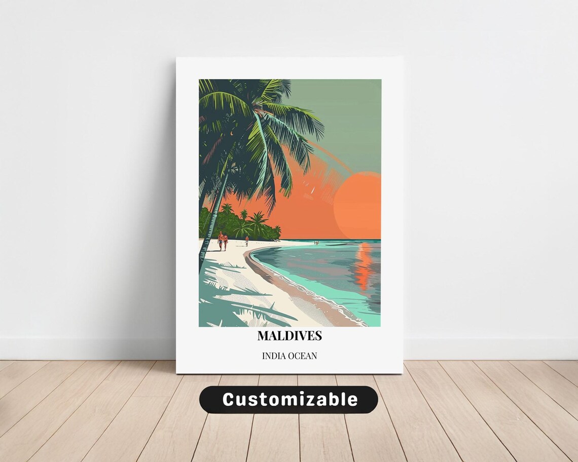 Maldives Tropical Palm Beach Sunset Ocean Travel Illustration Poster