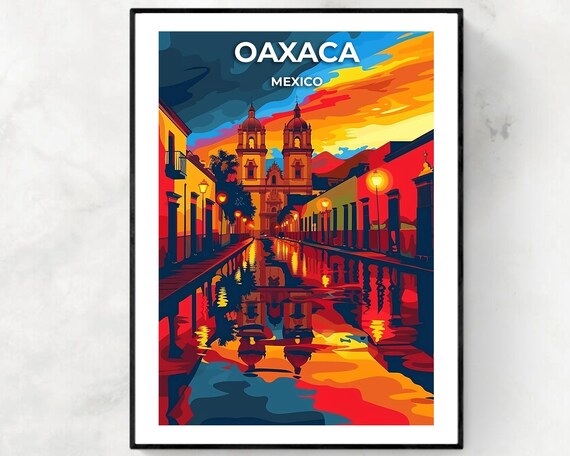 Oaxaca Cathedral Night Street Reflections Mexico Travel Poster
