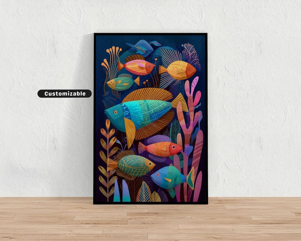 Whimsical Underwater Fish Colorful Stylized Sea Life Art Poster