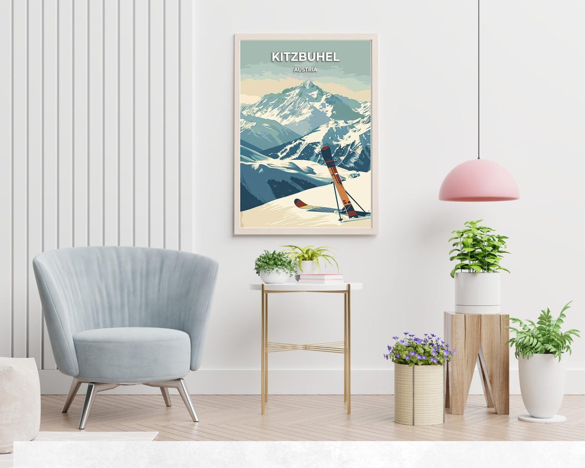 Kitzbuhel Austria Skis Resting Against Snowy Mountain Panorama Poster - Image 2