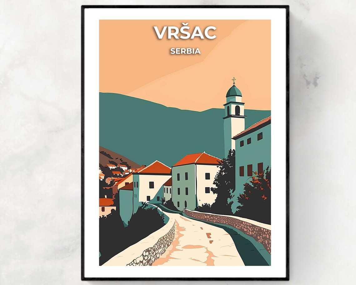 Vrsac Serbia Old Town Church Tower Hill Village Travel Poster