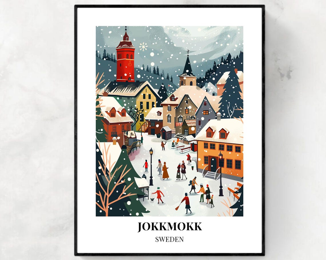Jokkmokk Sweden Snowy Town Square Winter Night Market Scene Poster