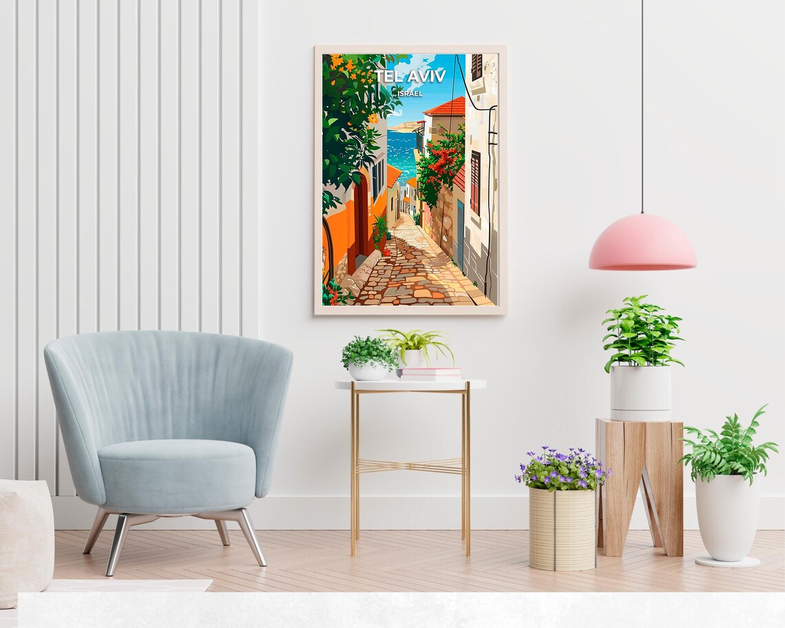Tel Aviv Israel Jaffa Old Town Alley Flowers Sea View Travel Poster - Image 2