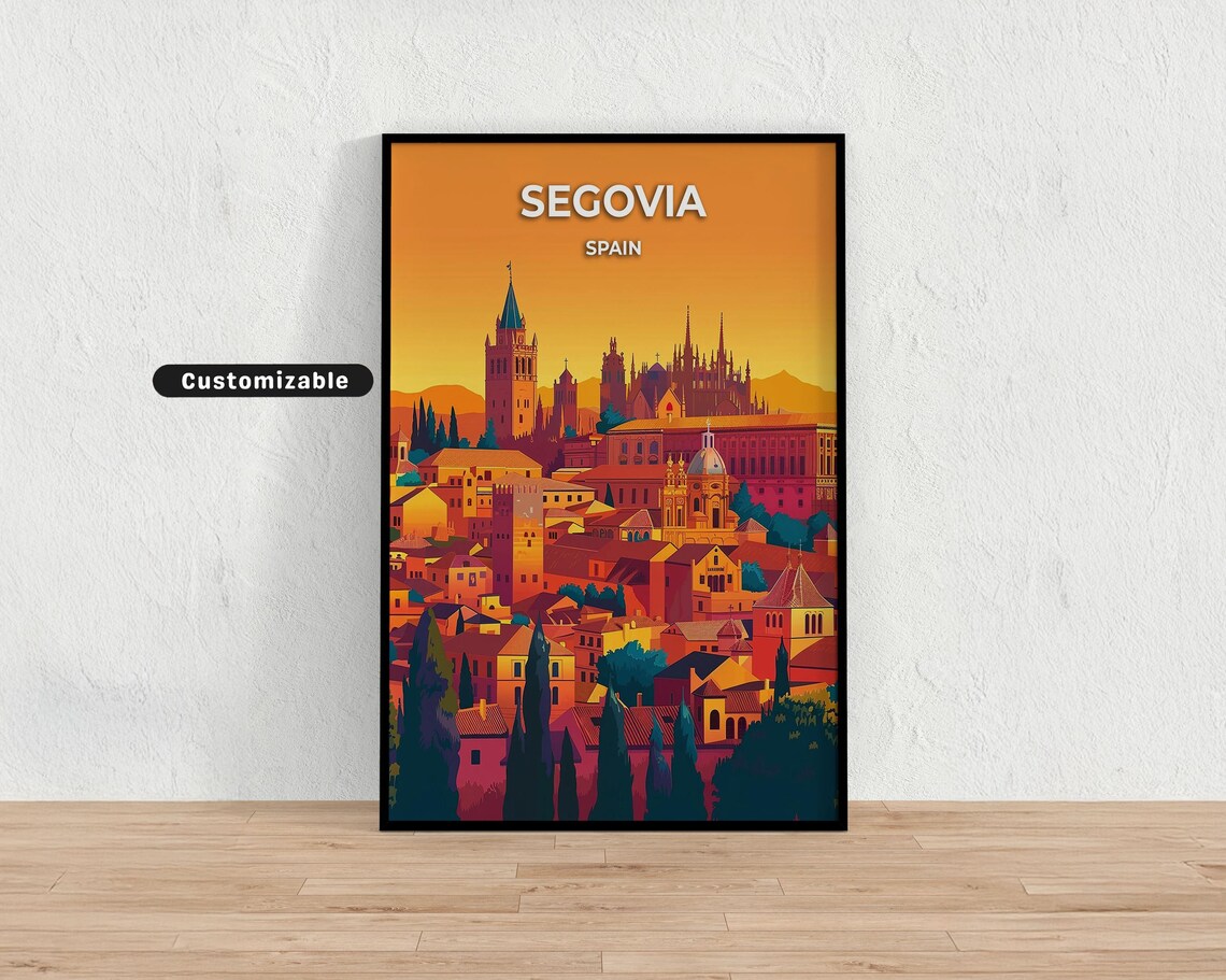 Segovia Spain Old Town Cathedral Golden Sunset Travel Poster