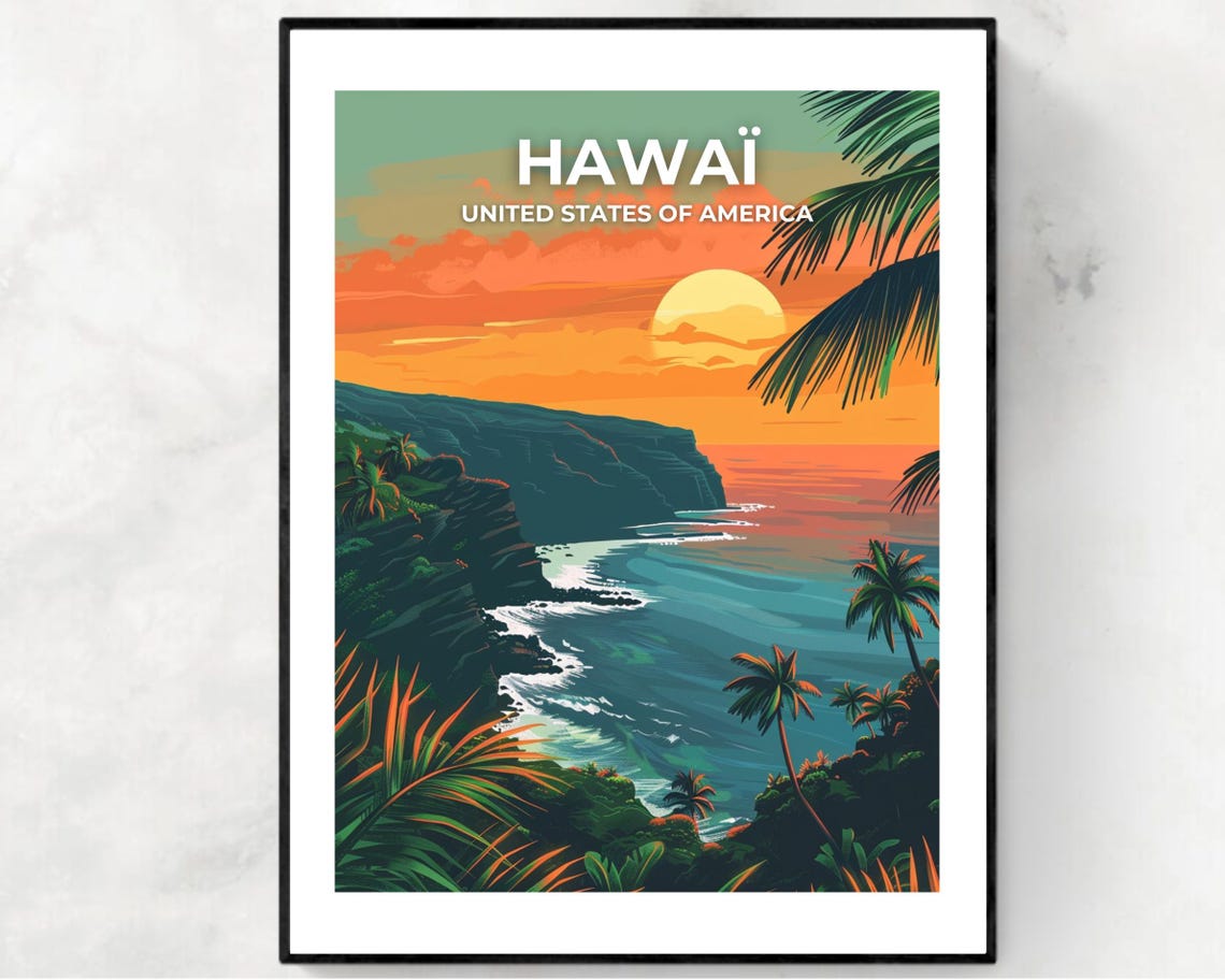 Hawaii Big Island Sunset Coast Palms Cliffs Golden Travel Poster