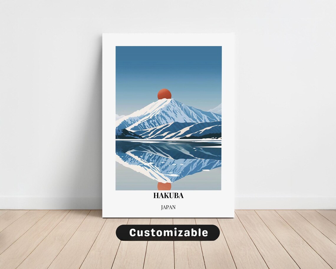 Hakuba Japan Travel Poster Red Sun Mountain Lake Reflection Art