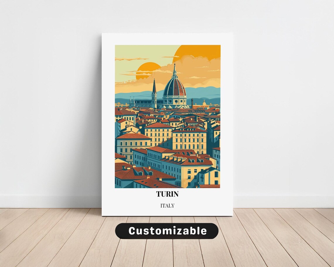 Turin Italy Sunset Cityscape Dome Skyline Vintage Travel Poster