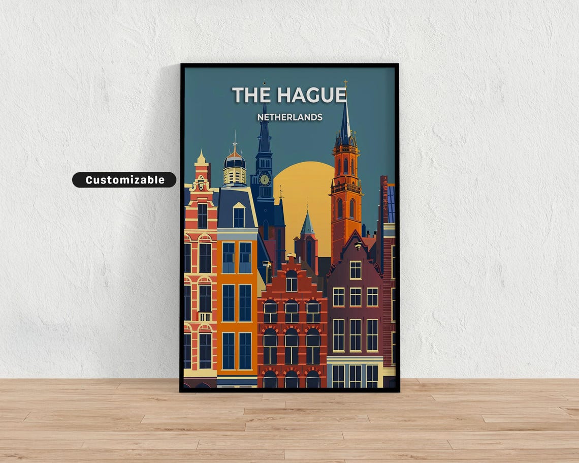 The Hague Netherlands Canal Houses Clock Tower Sunset Travel Poster