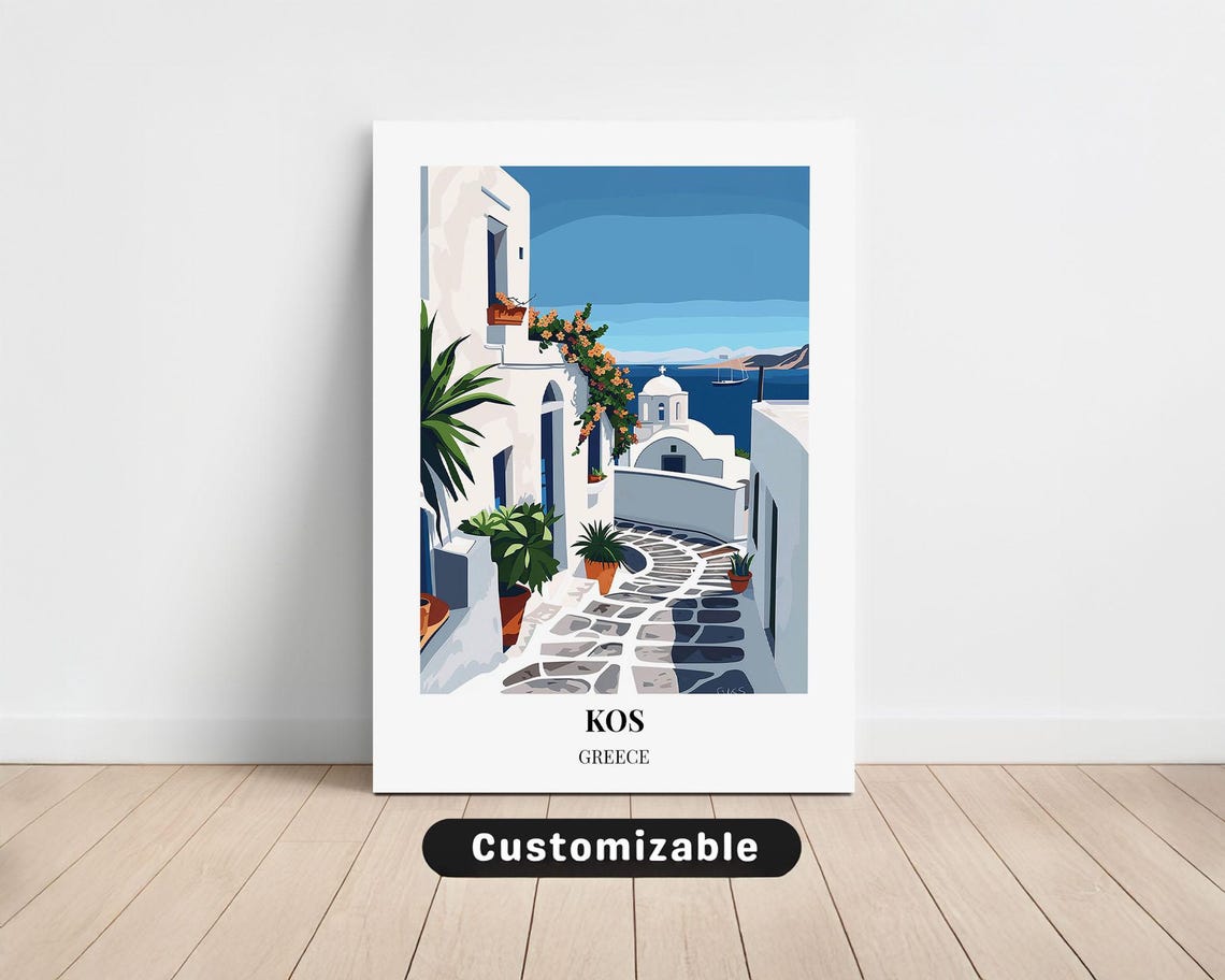 Kos Greece Whitewashed Alley Blue Dome Vintage Travel Poster