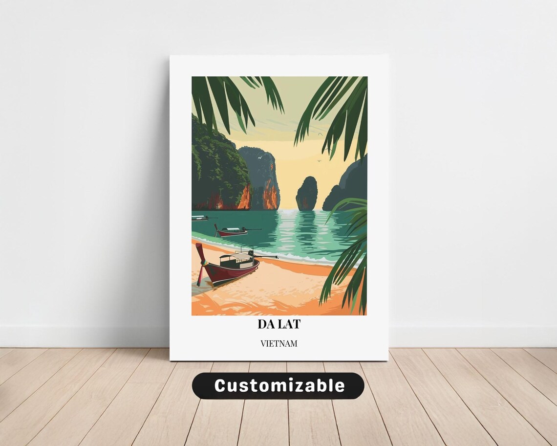 Da Lat Vietnam Beach Longtail Boats Limestone Cliffs Travel Poster